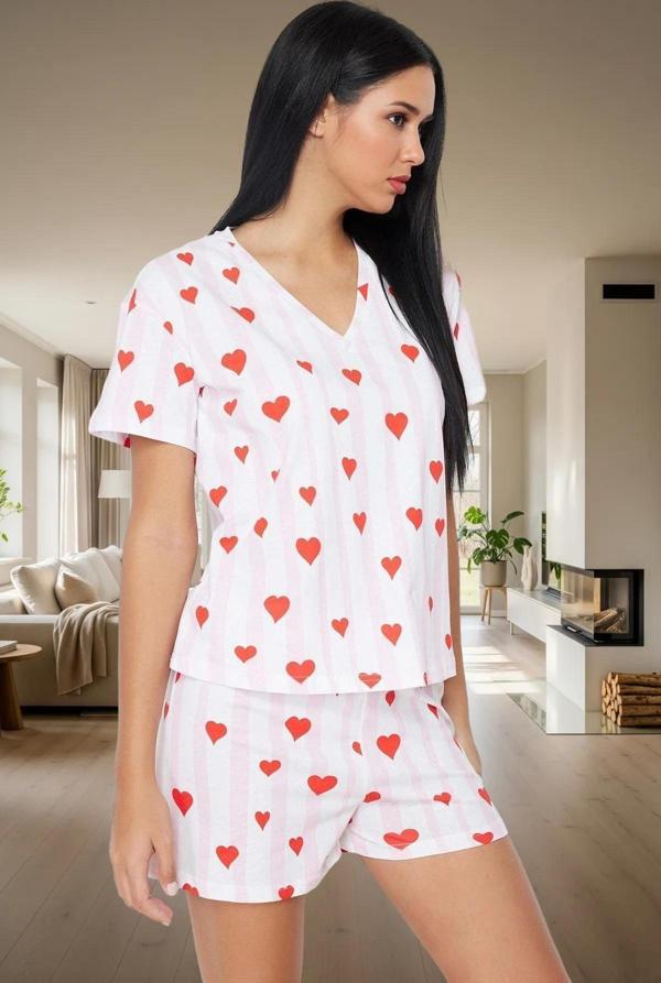 Pamuklu Yazlık Pijama Takımı Kalp Desenli Regular Kalıp Çok 2’li Mükemmel Uyum - Image 1