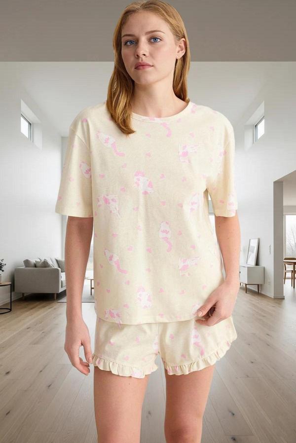 Rahat %100 Pamuklu Pijama Takımı Kedi Desenli Şort ve Tişört Zarifane Tasarım Kullanım - Image 1