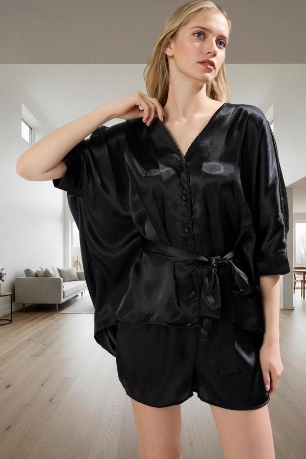 100 Polyester Saten Pijama Takımı Rahat Şal Yaka Boru Paça Modern Stil Yüksek Kalite - Image 1