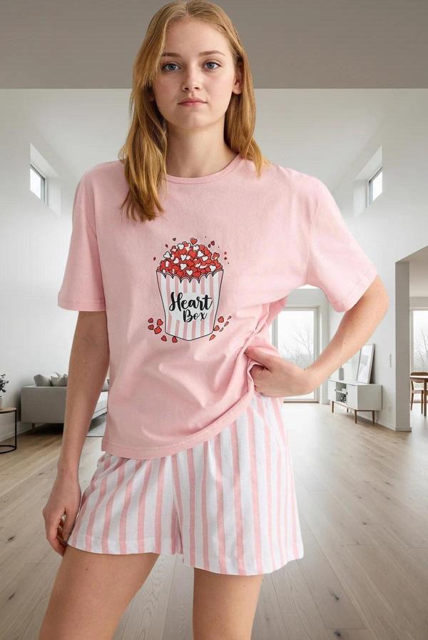 Yazlık Pamuklu Pijama Takımı Kalpli Çizgiler Regular Kalıp Rahat Uyku Premium Kalite - Image 1