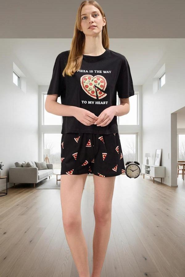 Pizza Desenli Pamuklu Kadın Pijama Takımı Regular Kalıp Rahat Uyku Özenle Seçilmiş - Image 1