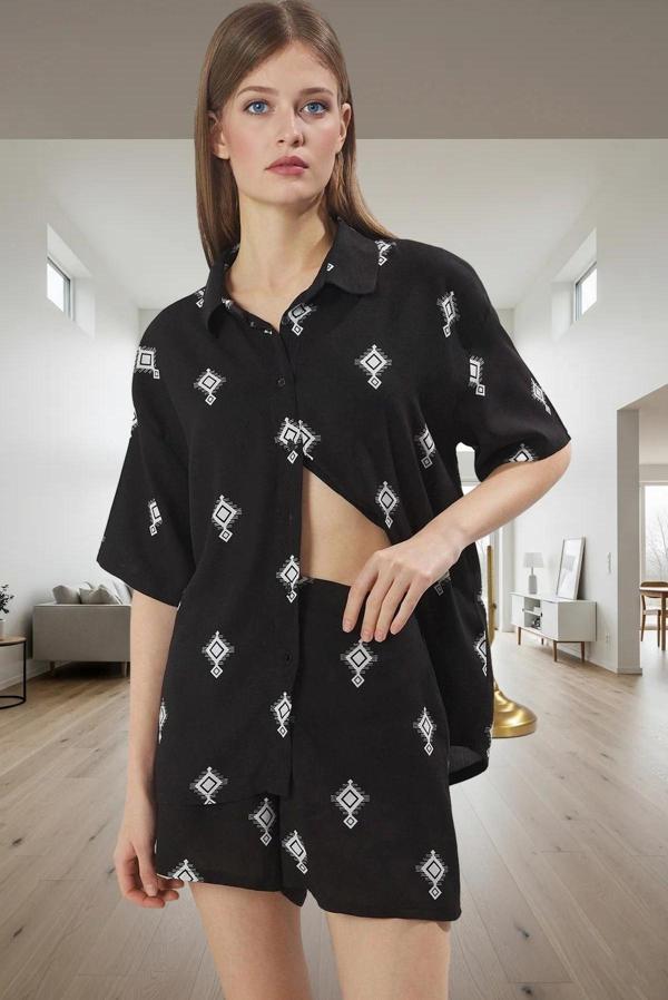 Rahat Yazlık Pijama Takımı Etnik Desenli Shally Kumaş Yüksek Kalite Günlük Kullanım İçin - Image 1