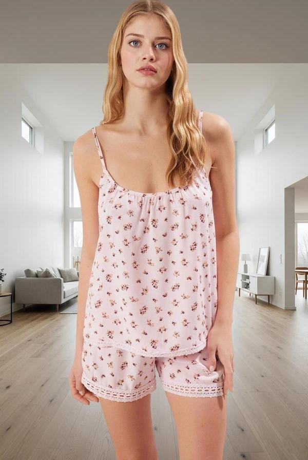 Rahat Viskoz Pijama Takımı Çiçekli Desen İnce Askılı Yazlık Homewear Kullanım Uzun Ömürlü - Image 1
