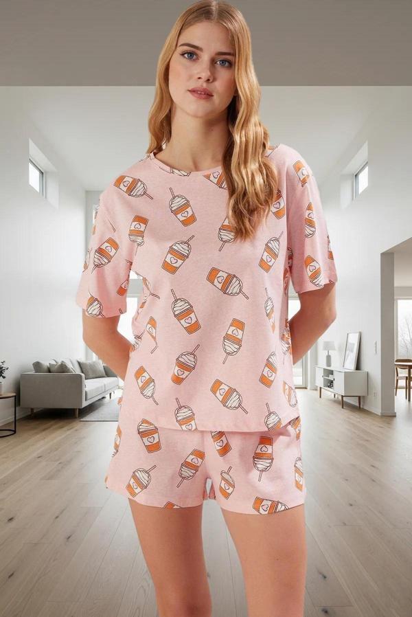 Rahat Yazlık Pijama Takımı %100 Pamuk Baskılı Kısa Kollu Regular Kalıp Zarifane Tasarım - Image 1