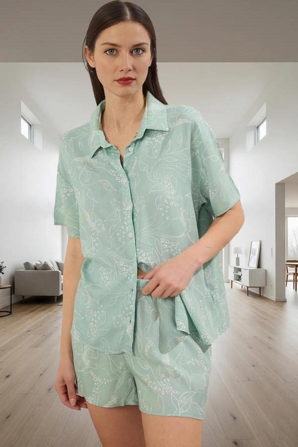 Hayvan Desenli Viskoz Pijama Takımı Shally Kumaş Regular Kalıp Yazlık Zarifane Tasarım - Image 1