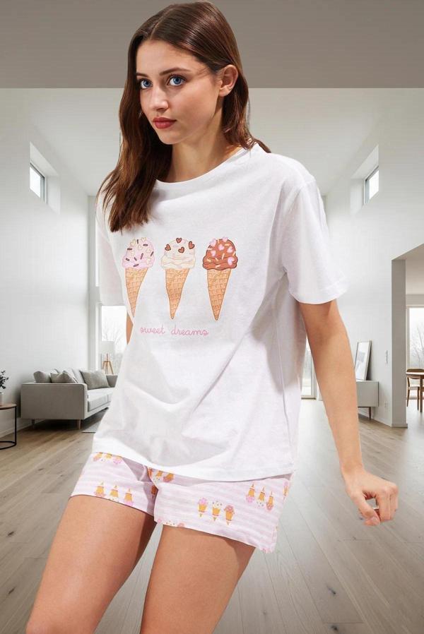 Pamuklu Dondurma Baskılı Pijama Takımı Rahatlık ve Stil Bir Arada Modern - Image 1