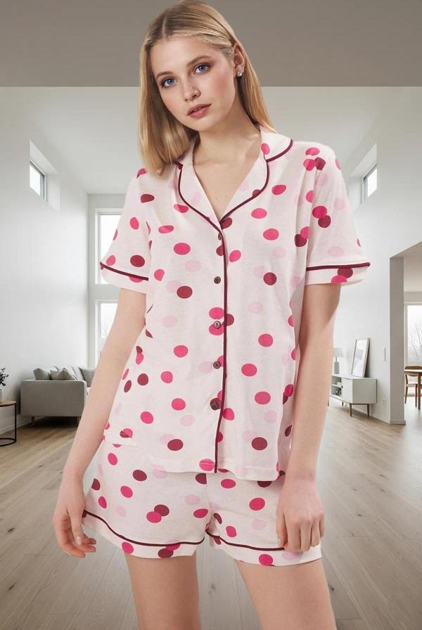 Pamuklu Örme Pijama Takımı Puantiyeli Desen Kısa Kollu Regular Kalıp Mükemmel Uyum Özel Tasarım - Image 1