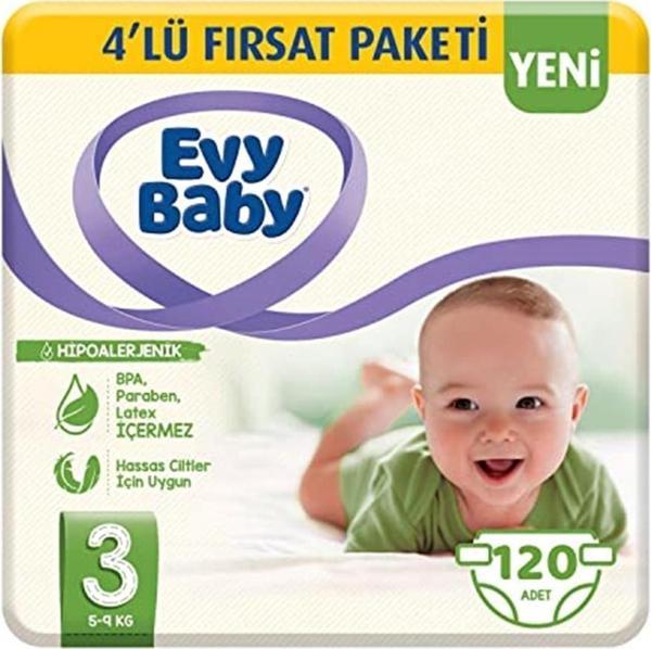 Evy Baby Bebek Bezi 3 Beden (5-9 Kg)midi %100 Doğal Pamuk, 120 Adet - Image 1