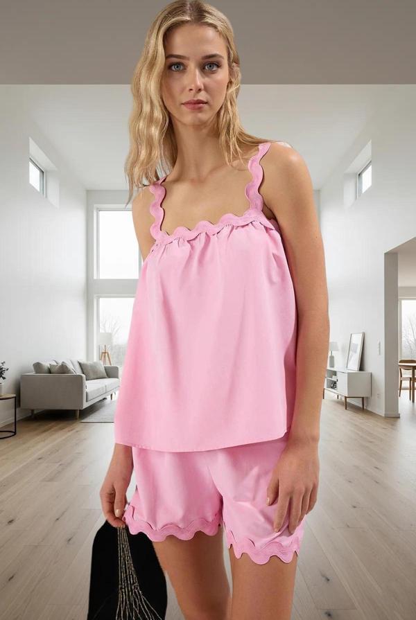 Şerit Detaylı Kolsuz Pamuklu Pijama Takımı Regular Yazlık Rahat Konforlu Kesim - Image 1