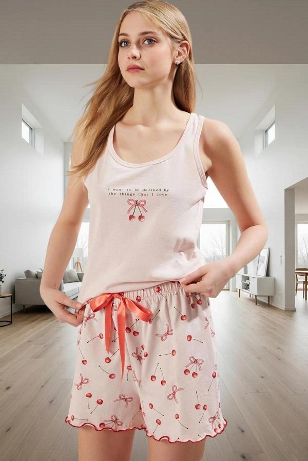 Nefes Alan Pamuklu Pijama Takımı Kiraz Desenli Rahat Uyku Trend Tasarım Şık Görünüm - Image 1