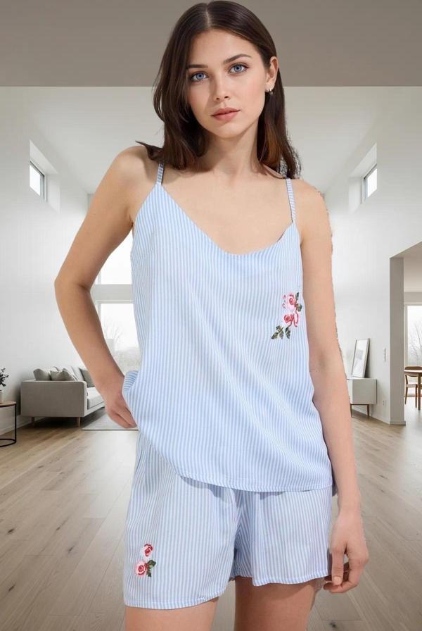 Viskon Pijama Takımı Çizgili V Yaka Nakış Detaylı Rahat Kalıp Modern Stil - Image 1