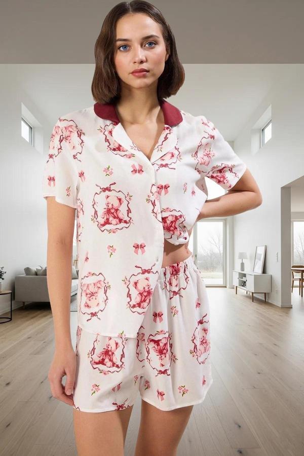 Ayıcıklı Desenli Shally Dokuma Viskoz Pijama Takımı Uzun Ömürlü Zarifane Tasarım Mükemmel Uyum - Image 1