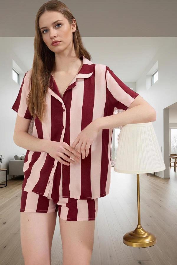 Rahat Viskoz Pijama Takımı Çizgili Shally Dokuma Yazlık Modern Stil Dayanıklı Malzeme - Image 1