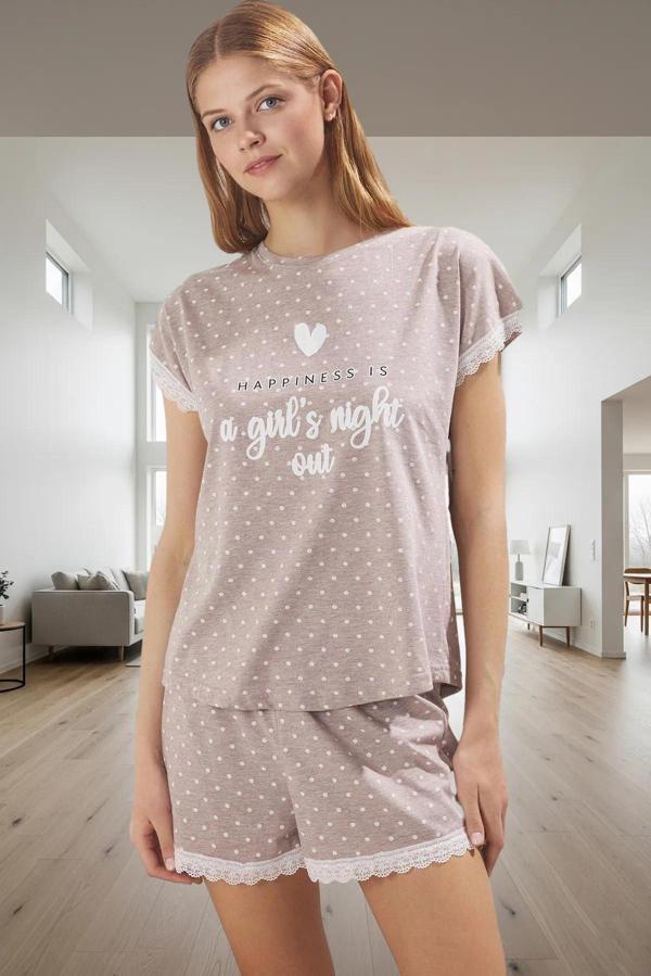 Puantiyeli Dantel Detaylı Pamuklu Pijama Takımı Yazlık Rahat Şortlu Ve Şık Zarifane Tasarım - Image 1