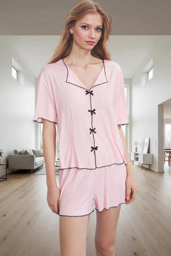 Rahat Pijama Takımı Kaşkorse Örme Yazlık Şortlu Ev Giysisi Dayanıklı Malzeme Konforlu Kesim - Image 1