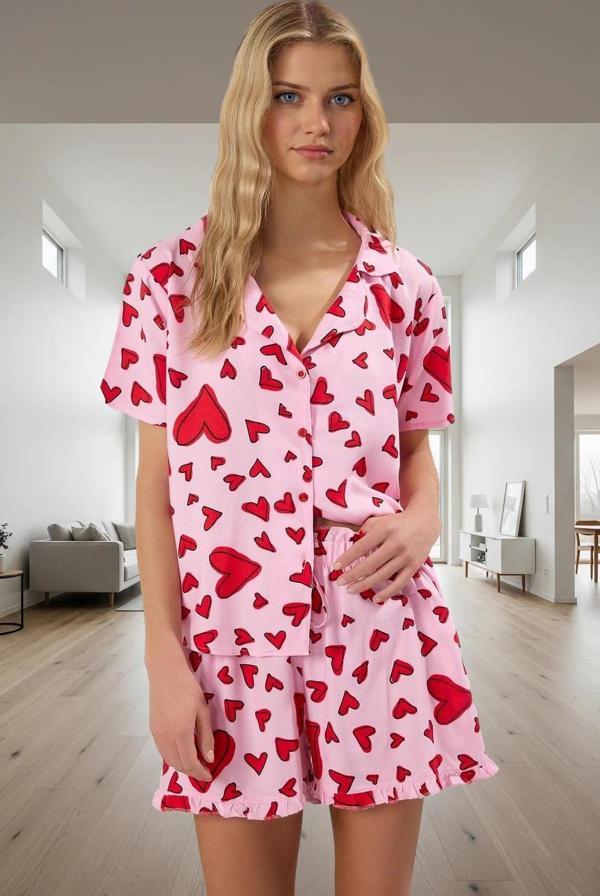 Rahat Viskoz Pijama Takımı Kalpli Desen Yazlık Yüksek Kalite Kaliteli İşçilik Uzun Ömürlü - Image 1