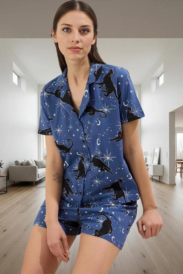 Rahat Yazlık Pamuklu Pijama Takımı Kedi Desenli Profesyonel Görünüm Özenle Seçilmiş Konforlu Kesim - Image 1