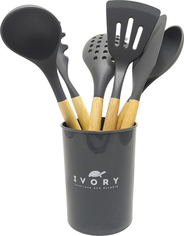 Ivory Doğal Bambu Saplı %100 Silikon Mutfak Seti 6 Parça Gri - Image 1