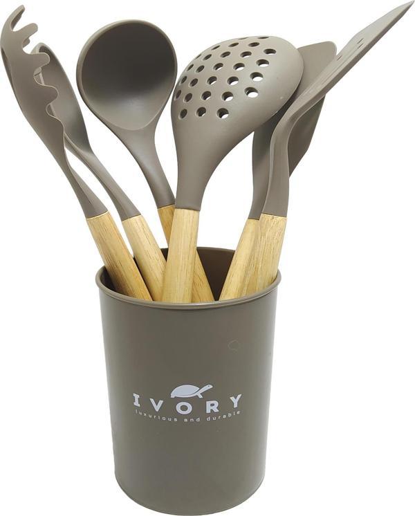 Ivory Doğal Bambu Saplı %100 Silikon Mutfak Seti 6 Parça Kahve - Image 1