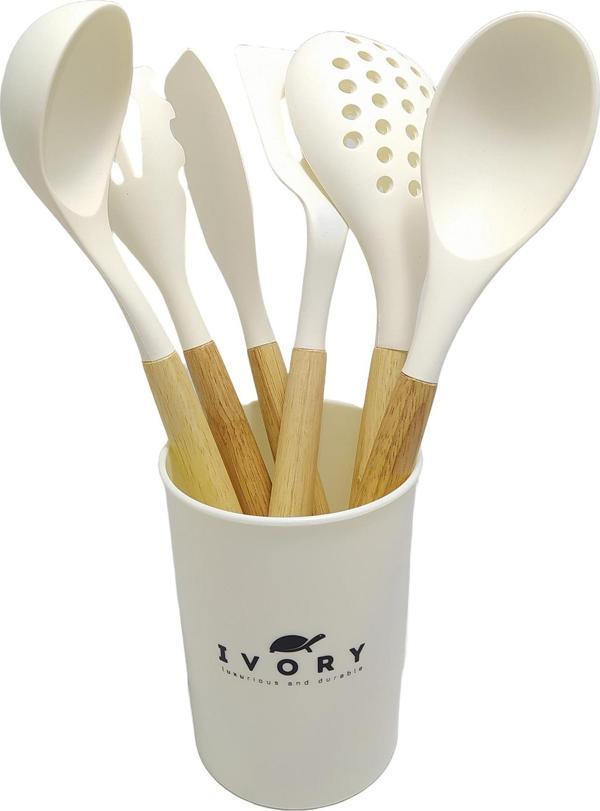 Ivory Doğal Bambu Saplı %100 Silikon Mutfak Seti 6 Parça Krem - Image 1