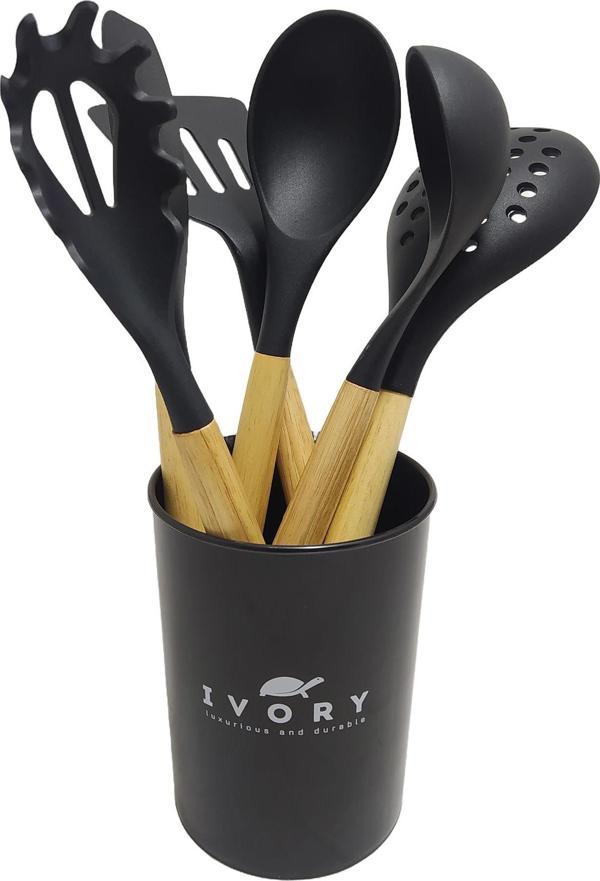 Ivory Doğal Bambu Saplı %100 Silikon Mutfak Seti 6 Parça Siyah - Image 1