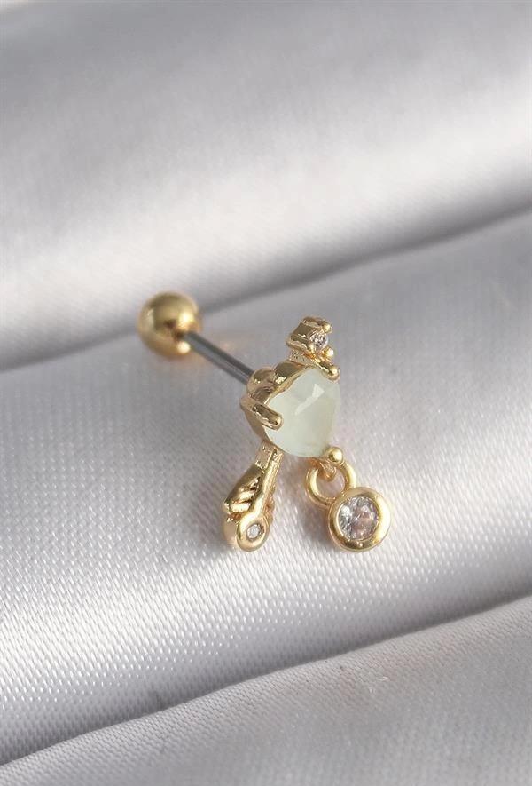 316L Çelik Gold Renk Beyaz Mineli Kalp Sallantı Zirkon Taşlı Tragus Piercing - Image 1