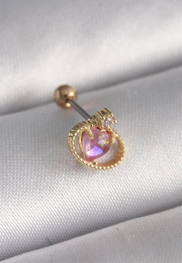 316L Çelik Gold Renk Pembe Mineli Kalp Zirkon Taş Detay Tragus Piercing - Image 1