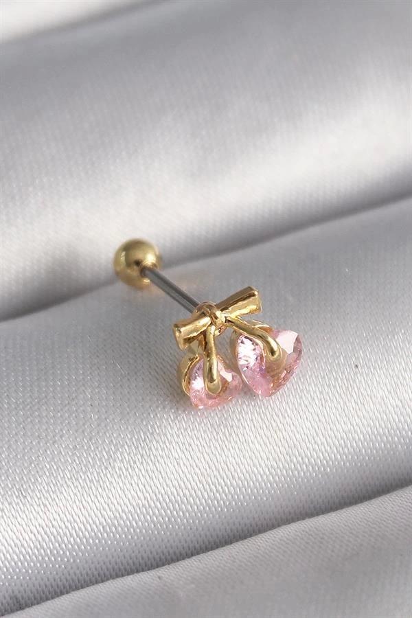 316L Çelik Gold Renk Pembe Zirkon Taşlı Kalp Tragus Piercing - Image 1