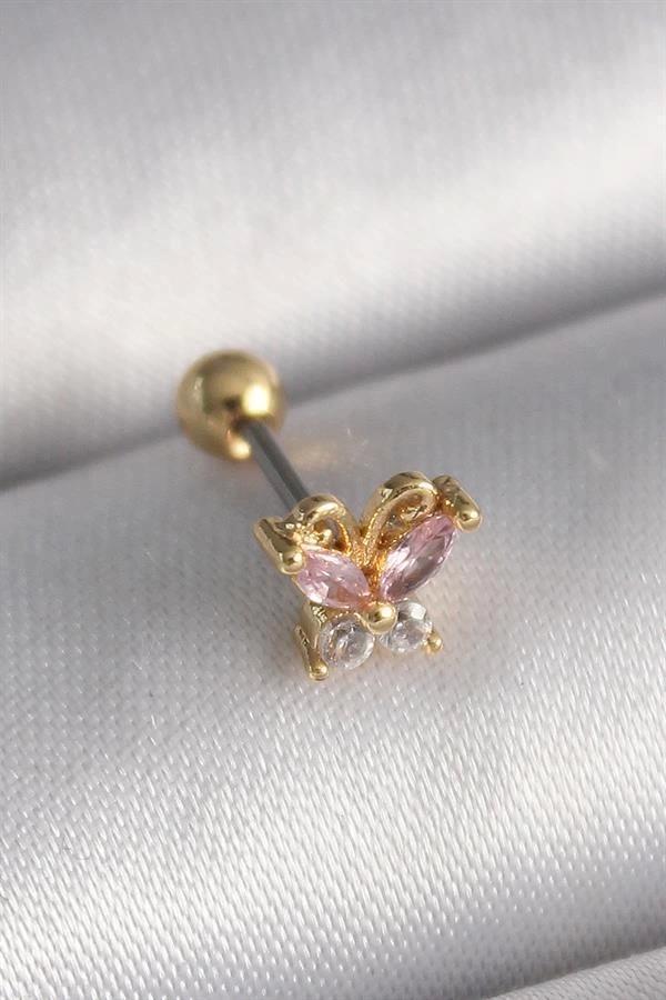 316L Çelik Gold Renk Pembe Zirkon Taşlı Kelebek Tragus Piercing - Image 1