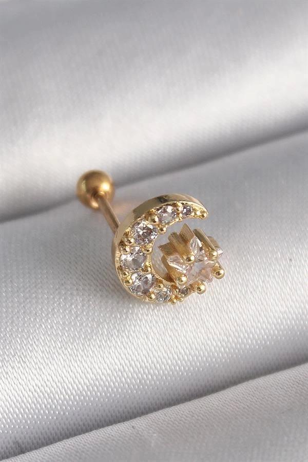 316L Çelik Gold Renk Zirkon Taşlı Ay Yıldız Tragus Piercing - Image 1