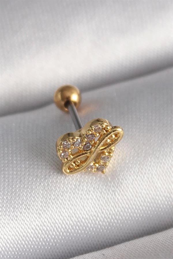 316L Çelik Gold Renk Zirkon Taşlı Kalp Sonsuzluk Detay Tragus Piercing - Image 1