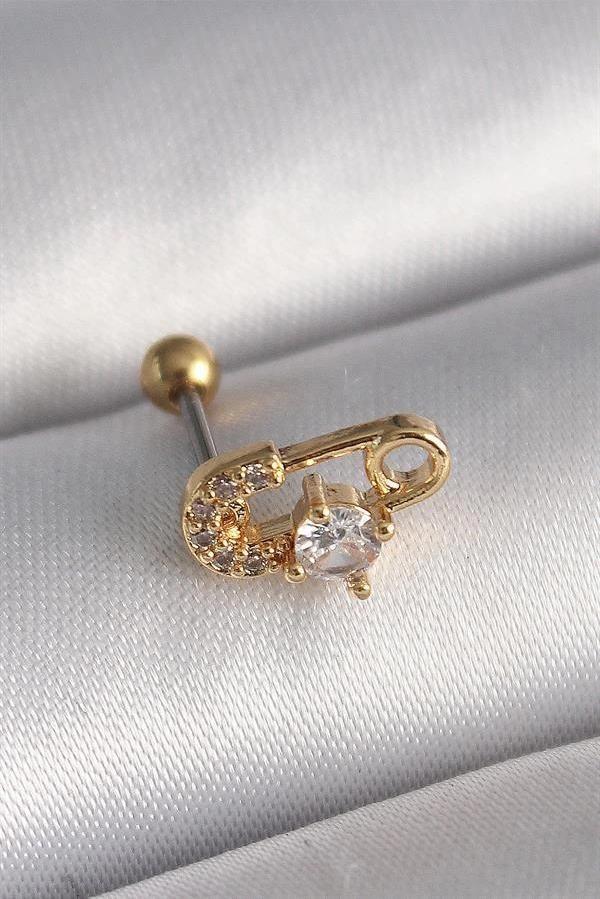316L Çelik Gold Renk Zirkon Taşlı Toplu İğne Tragus Piercing - Image 1