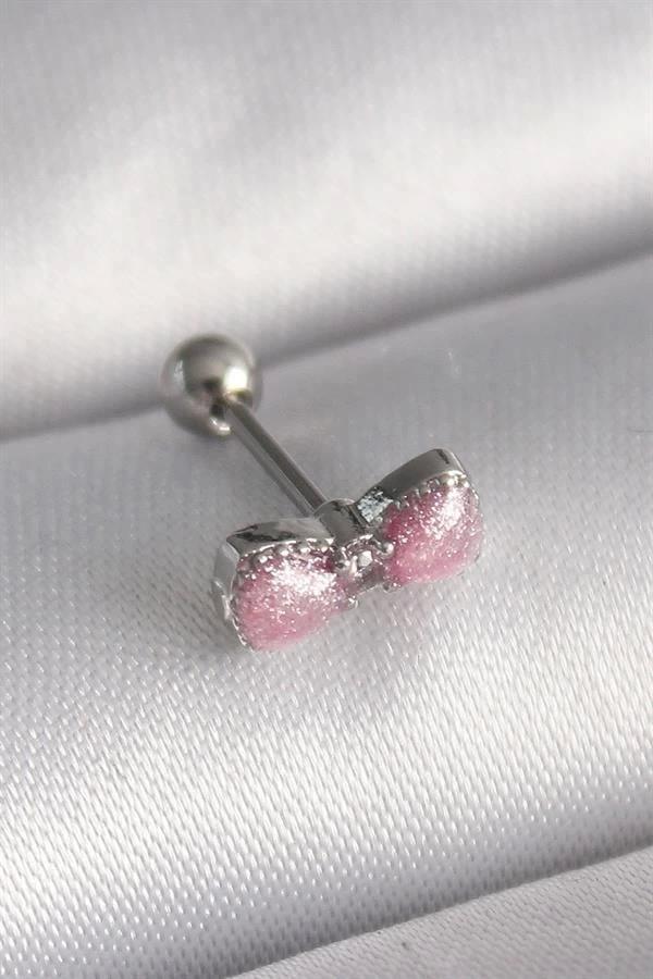 316L Çelik Gümüş Renk Pembe Kurdele Zirkon Taş Detay Tragus Piercing - Image 1
