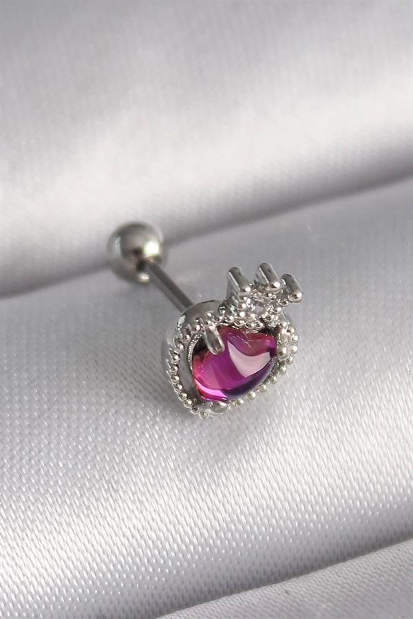 316L Çelik Gümüş Renk Pembe Mineli Kalp Zirkon Taş Detaylı Taç Tragus Piercing - Image 1