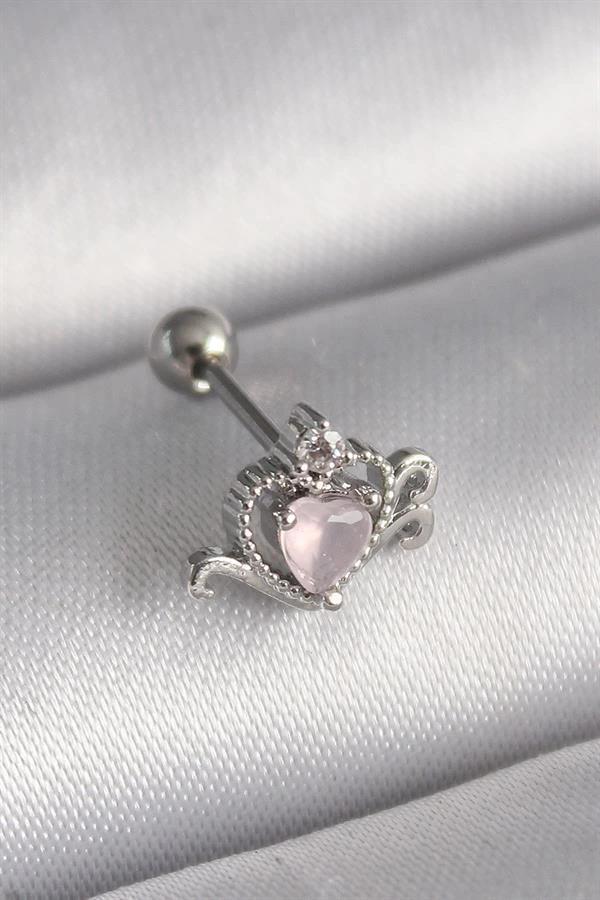 316L Çelik Gümüş Renk Pembe Mineli Kalp Zirkon Taş Detay Tragus Piercing - Image 1