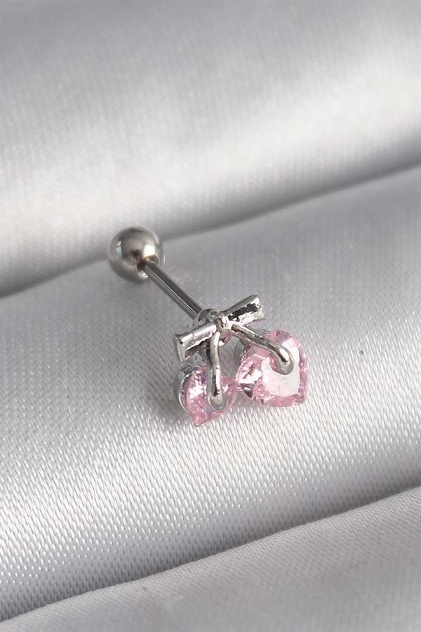 316L Çelik Gümüş Renk Pembe Zirkon Taşlı Kalp Tragus Piercing - Image 1
