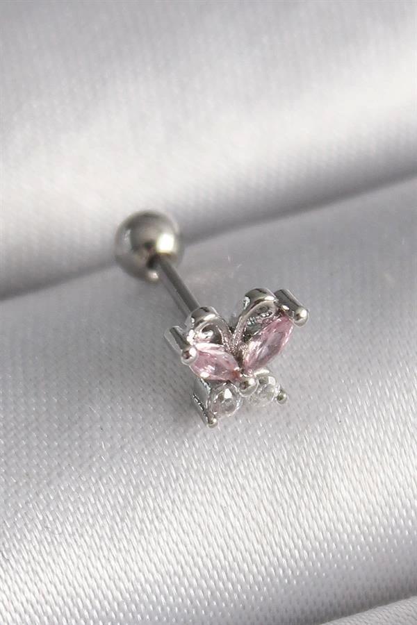 316L Çelik Gümüş Renk Pembe Zirkon Taşlı Kelebek Tragus Piercing - Image 1