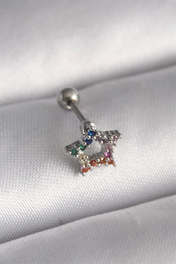 316L Çelik Gümüş Renk Renkli Zirkon Taşlı Yıldız Model Tragus Piercing - Image 1