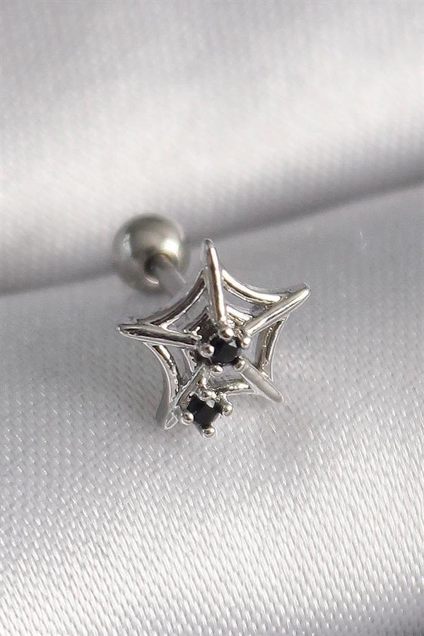 316L Çelik Gümüş Renk Siyah Zirkon Taş Detay Örümcek Ağ Model Tragus Piercing - Image 1