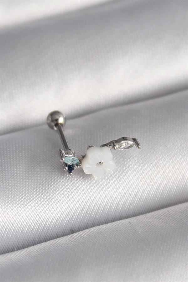 316L Çelik Gümüş Renk Zirkon Taş Detay Beyaz Çiçek Model Tragus Piercing - Image 1
