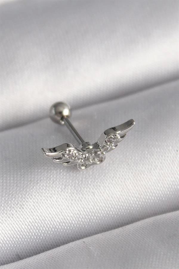 316L Çelik Gümüş Renk Zirkon Taş Detay Kanat Model Tragus Piercing - Image 1
