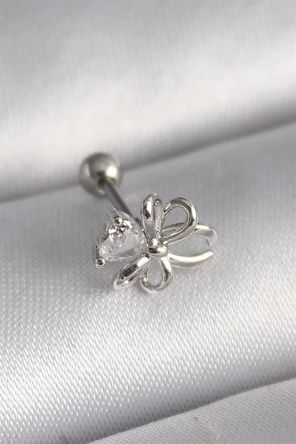 316L Çelik Gümüş Renk Zirkon Taş Detay Kurdele Model Tragus Piercing - Image 1