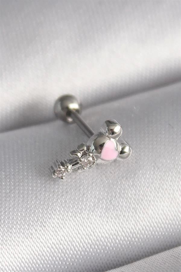 316L Çelik Gümüş Renk Zirkon Taş Detay Pembe Kalp İşleme Tragus Piercing - Image 1