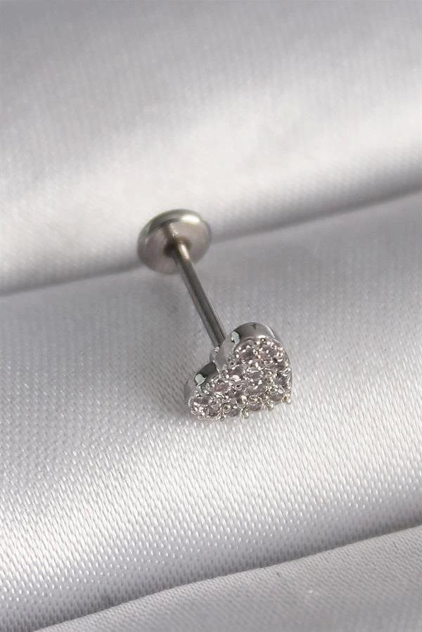316L Çelik Gümüş Renk Zirkon Taşlı Kalp Model Tragus Piercing - Image 1