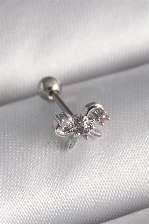 316L Çelik Gümüş Renk Zirkon Taşlı Kurdele Tragus Piercing - Image 1