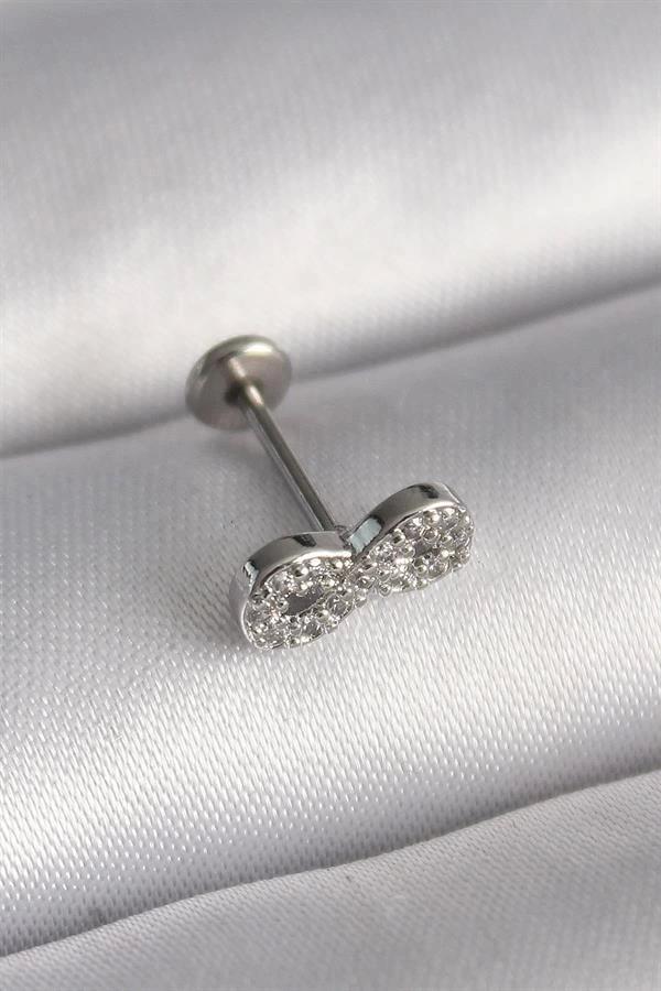 316L Çelik Gümüş Renk Zirkon Taşlı Sonsuzluk Model Tragus Piercing - Image 1