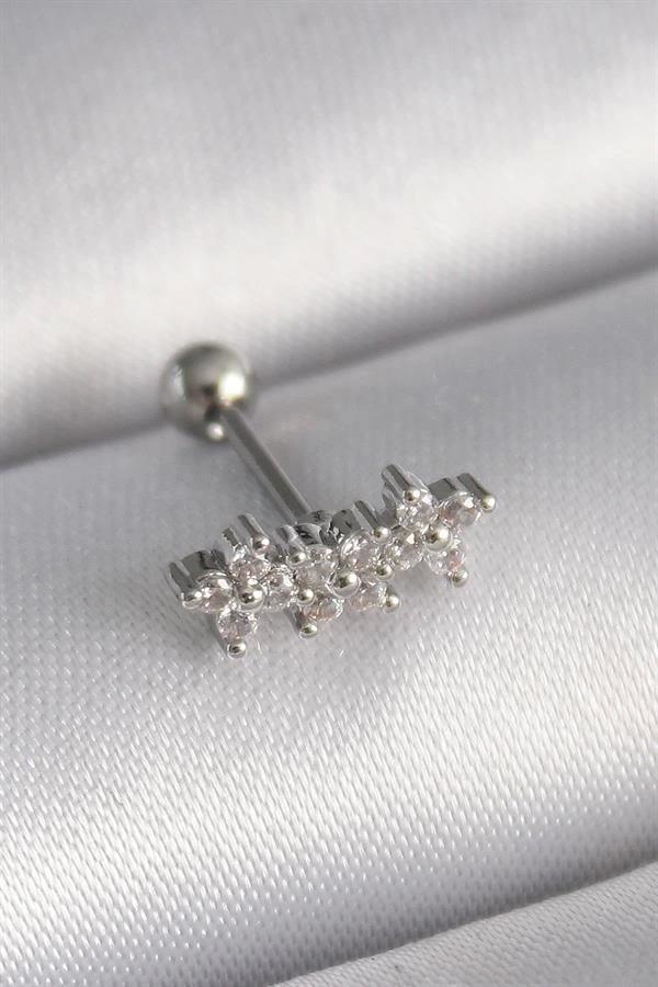 316L Çelik Gümüş Renk Zirkon Taşlı Yonca Tragus Piercing - Image 1