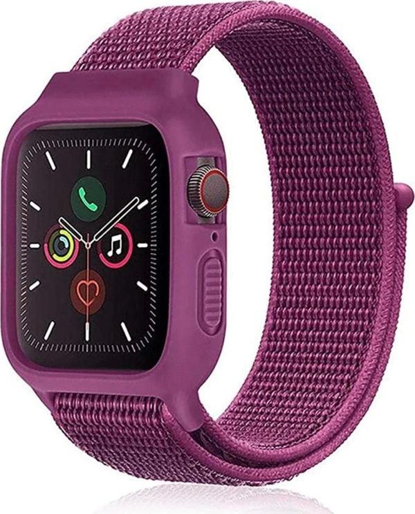 Apple Watch 38mm Hasırlı Cırtcırtlı Kasalı Kordon - Fuşya - Image 1