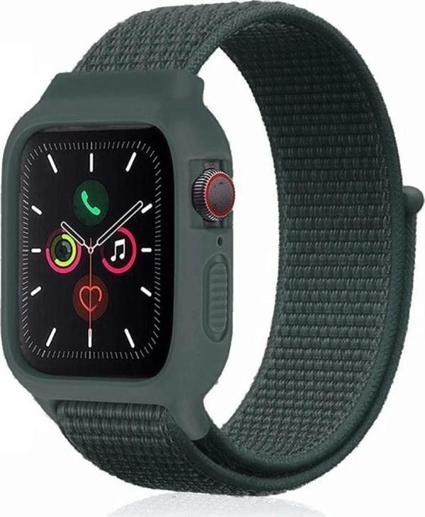 Apple Watch 38mm Hasırlı Cırtcırtlı Kasalı Kordon - Haki Yeşil - Image 1
