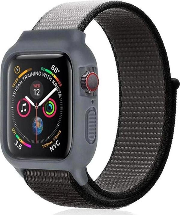 Apple Watch 38mm Hasırlı Cırtcırtlı Kasalı Kordon - Siyah-Gri - Image 1